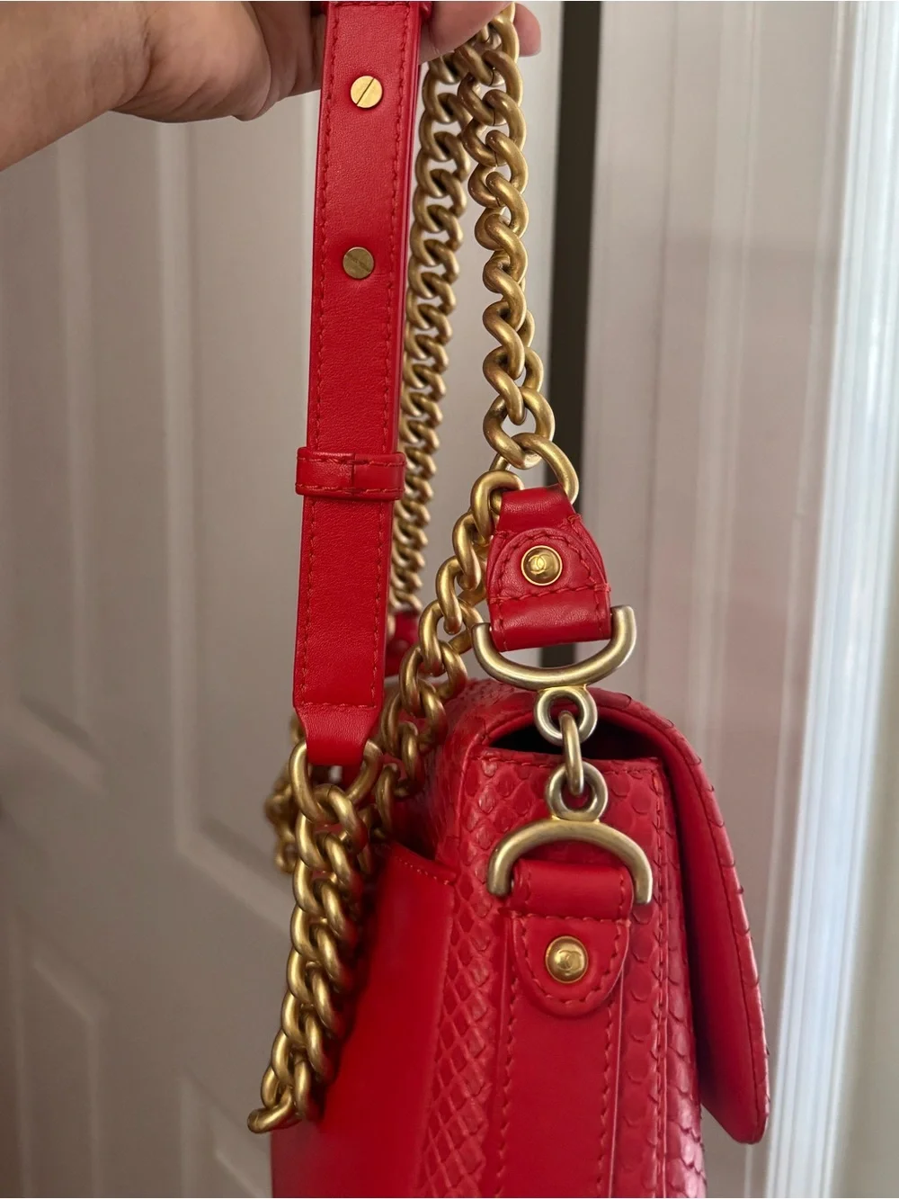 CHANEL Medium Classic Flap Red Python Snakeskin Gold Chain RARE